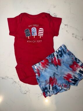 Red "My First 4th of July" Baby Bodysuit with Patriotic Tie-Dye Shorts